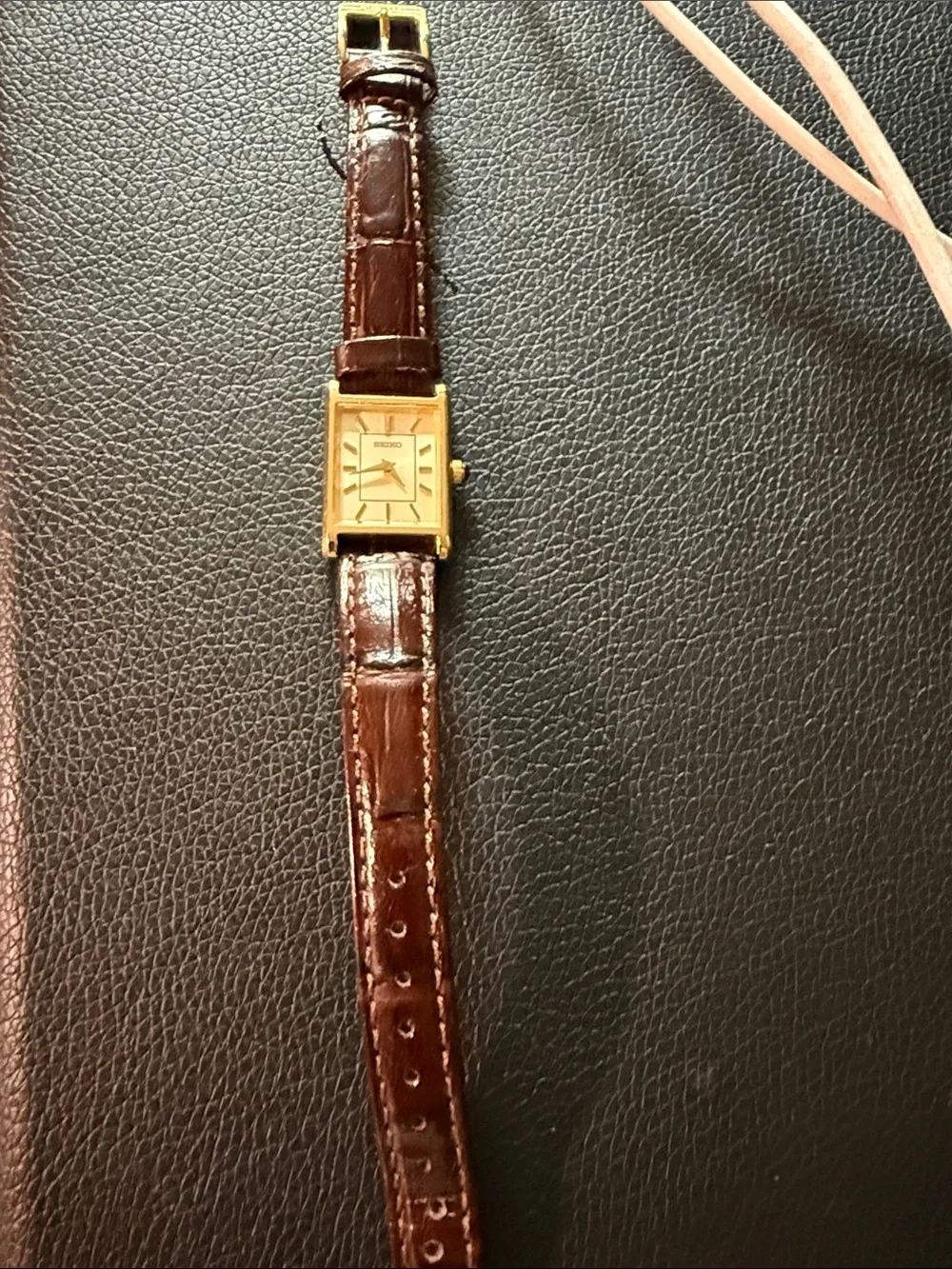 Seiko Gold-Tone Square Dial with Brown Croc Leather Strap
